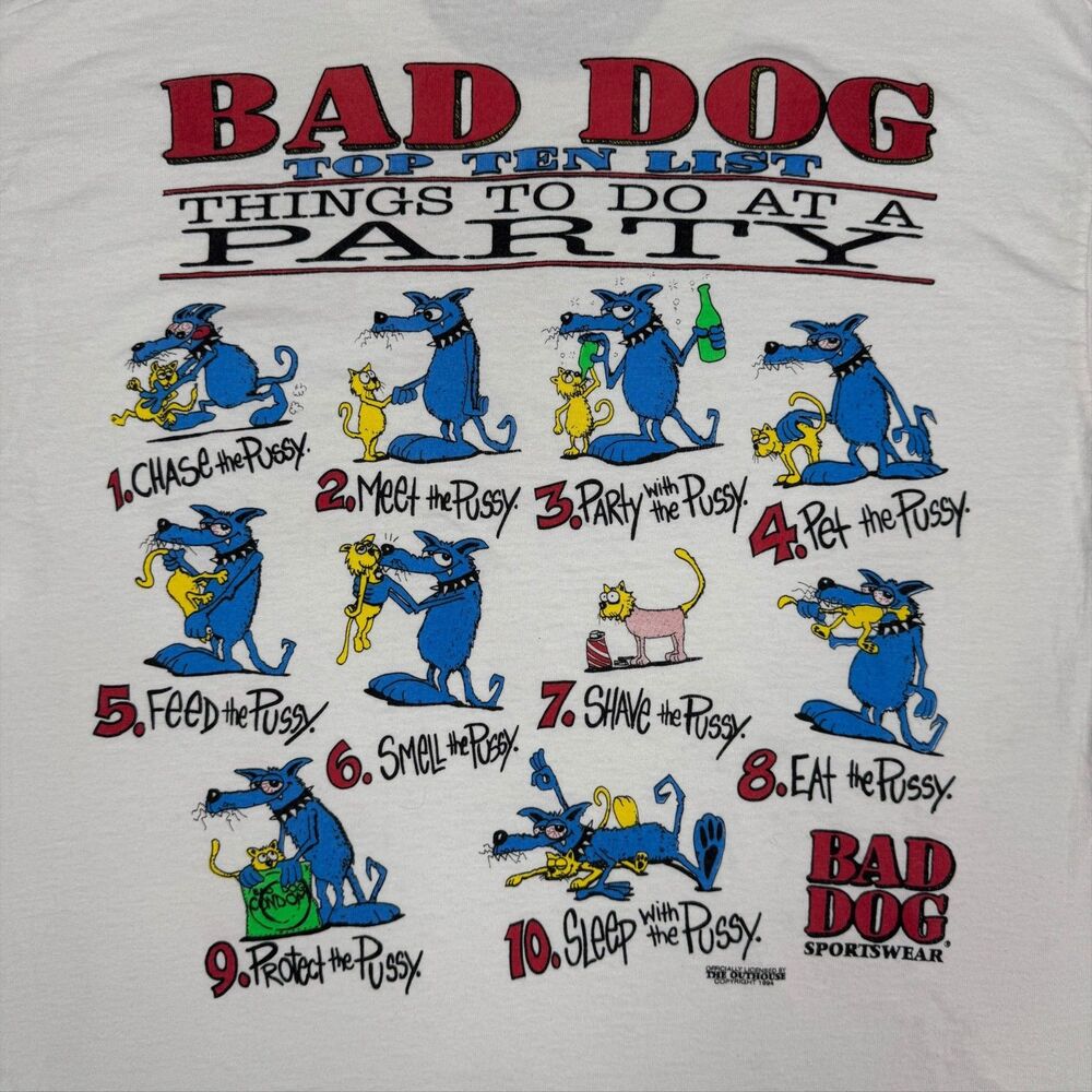 VTG 1994 Bad Dog Things at a Party Cat Funny Humor Single Stitch Tee - XL - Picture 4 of 8